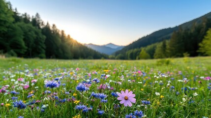 Fototapeta premium Colorful wildflowers bloom in a lush green mountain meadow during a bright sunrise.