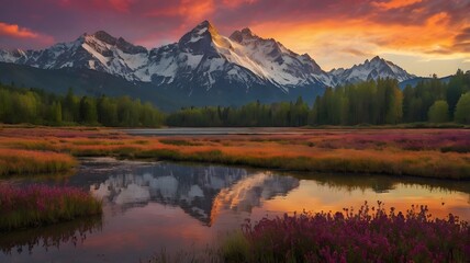 Obraz premium A breathtaking view of a dramatic sunset over majestic, snow-capped mountains