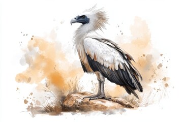 A flat 2D illustration of a vulture standing on a rock, drawn with bold lines and muted earth tones against a white background
