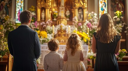 Obraz premium A family with young children, dressed in their Sunday best, attending an Easter service in a church with a beautifully decorated altar.