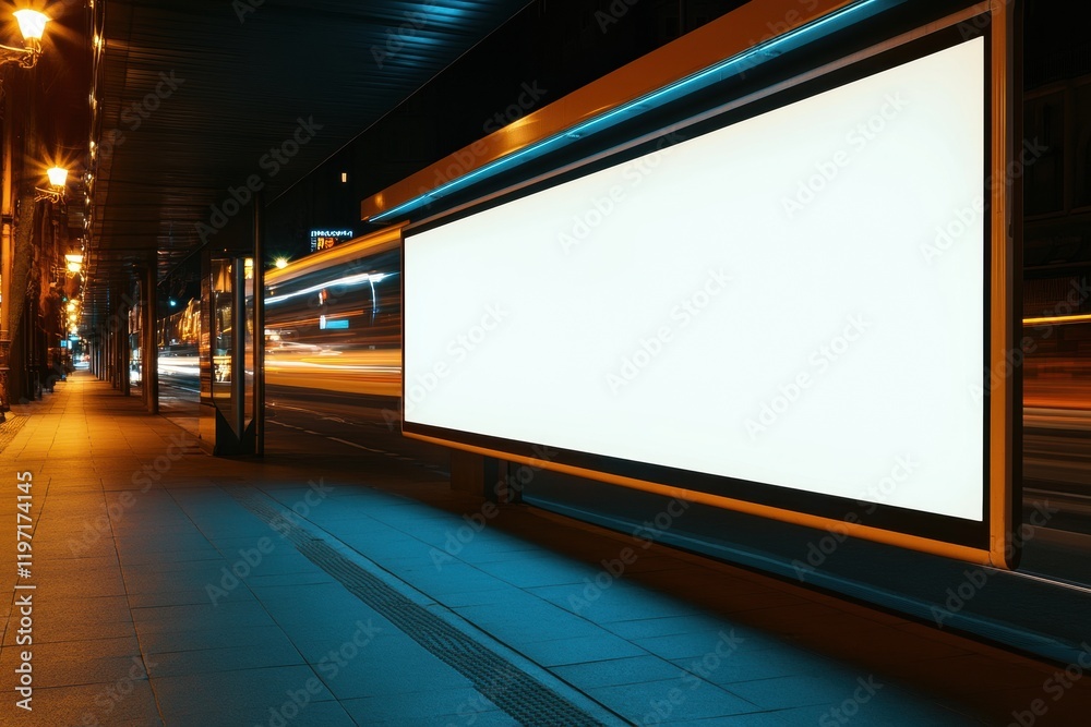 Aufkleber empty billboard space on urban street with blurred lights at night for text or advertisement present