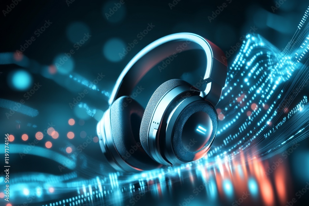 Poster A flat design of a headset and microphone icon with abstract digital signal lines, symbolizing VoIP technology