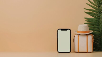 Modern smartphone on table with stylish bag and straw hat against beige background for lifestyle and travel themes