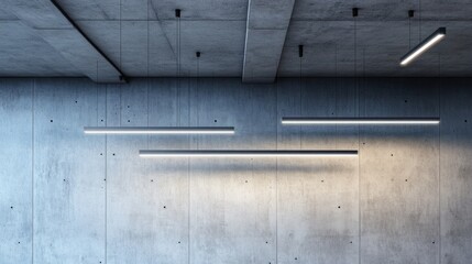 Modern LED lighting fixtures hanging from an industrial concrete ceiling, focusing on the textures and minimalist design elements.