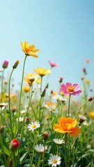 Fototapeta premium yellow and pink wildflowers blooming in a lush green meadow under a clear blue sky on a sunny day. concept of natural beauty, seasonal marketing, and eco-friendly design.