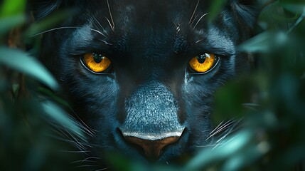 Close-up of a black panther's intense gaze peering through lush green foliage.