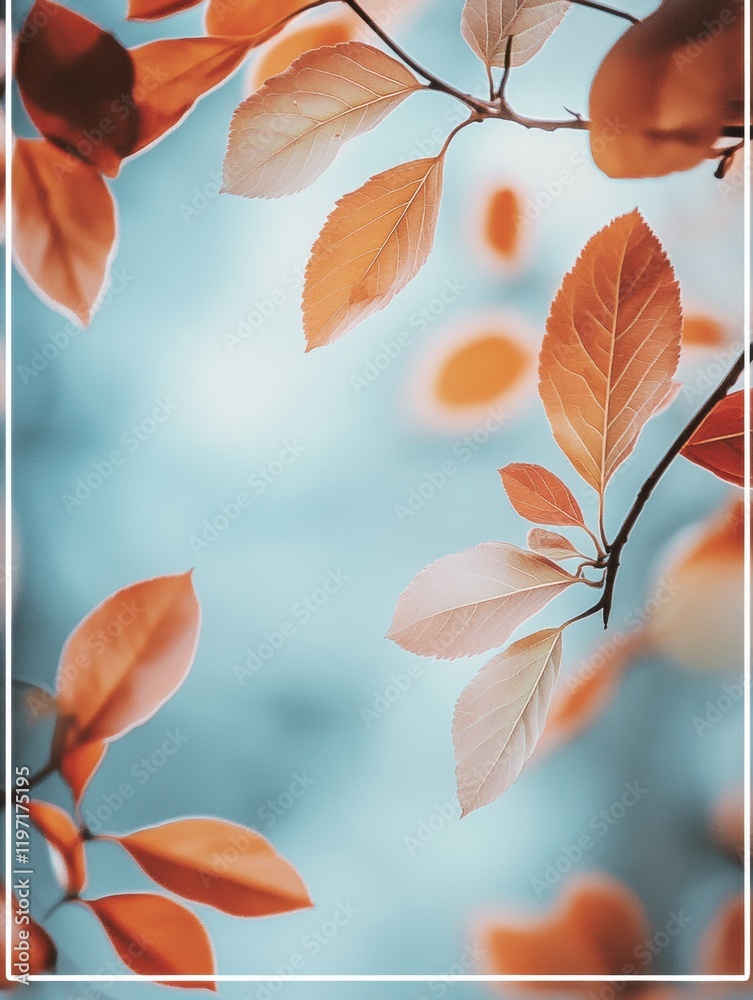 Poster Colorful autumn leaves against a soft blurred background creating a serene natural ambiance for text placement. Generative AI