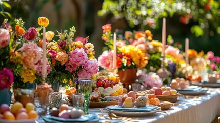 Fototapeta premium A festive Easter brunch setup with a long dining table adorned with vibrant spring flowers, egg-shaped appetizers, and candles, creating a warm atmosphere.