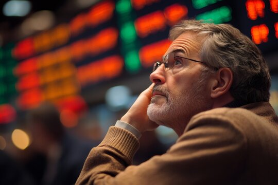 Pensive stock trader analyzing data on exchange big screen display - Powered by Adobe