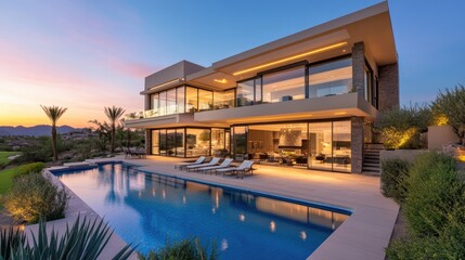 Fototapeta premium Luxury Modern House with Infinity Pool and Breathtaking Sunset Views