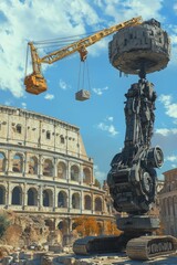 Giant machinery by historic ruins under cloudy skies.