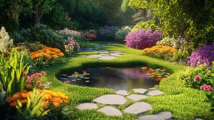 Obraz premium Enchanting Garden Oasis with Vibrant Floral Landscape Surrounding Serene Pond Under Sunlit Canopy