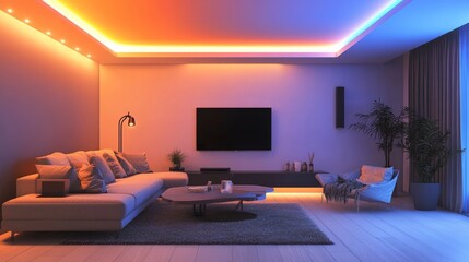 Modern living room renovation, LED lighting being integrated into a suspended ceiling, emphasizing the minimalist design approach.