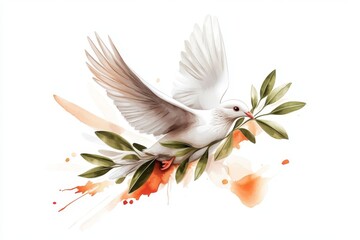 A flat drawing of a white dove carrying an olive branch, symbolizing peace, set against a white canvas