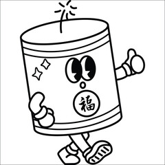 a vector of a cute Chinese firecracker character in black and white coloring