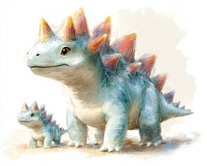Fototapeta premium Baby Stegosaurus and Parent in Playful Setting