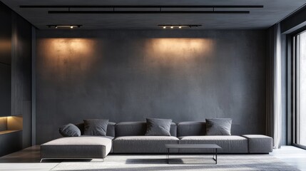 Modern living room with wall-mounted lighting, showcasing spotlights and a track LED-lighting system under the ceiling for a sleek look.