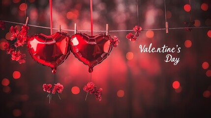 Valentine's Day background with heart-shaped balloons and confetti, cityscape in the blurred background, copy space for text, banner design