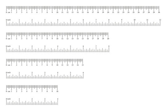 Measuring charts layout. Scale, ruler with markup and numbers, with 4, 6, 8, 12 inches and 10, 15, 20, 30 centimetre. Distance, height, length measurement, sewing tool mockup. Graphic illustration.