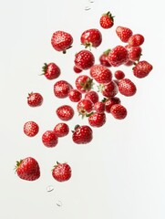 Red strawberries floating flying falling in motion isolated on white background