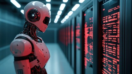 Fototapeta premium Futuristic Android in Data Center with Red Lighting and Technology Background for Science Fiction and Innovation Themes