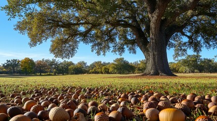 Fototapeta premium Large tree, autumn ground, many acorns.
