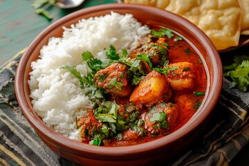 Delicious Indian curry served with fragrant basmati rice and crispy bread on a rustic table