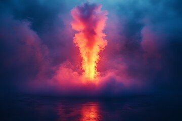 A fiery explosion erupts from the water, creating a dramatic plume of smoke.