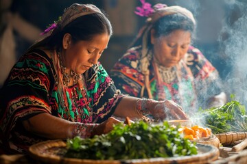 Indigenous guatemalan women preparing traditional food with fresh herbs