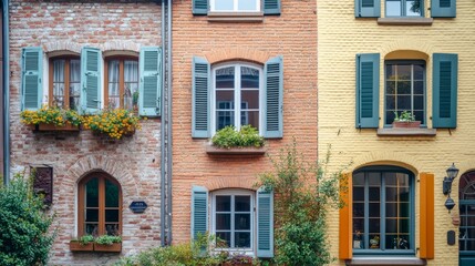 Fototapeta premium Explore the Charming Facade of Historic European Architecture with Vibrant Shutters and Colorful Brickwork