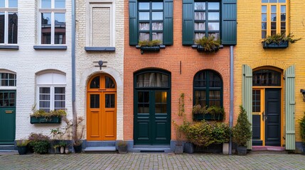 Naklejka premium Charming European Facades: A Colorful Exploration of Traditional Architectural Design and Urban Aesthetic in Picturesque Neighborhoods