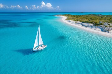 White sailboat sailing in exuma, bahamas, turquoise water paradise