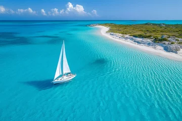 Gordijnen White sailboat sailing in exuma, bahamas, turquoise water paradise © Gatherina