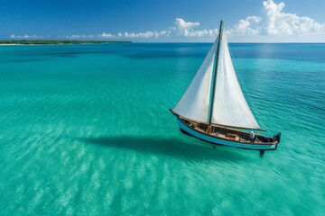 Fototapeta premium Traditional wooden sailing boat navigating crystal clear turquoise water near tropical island