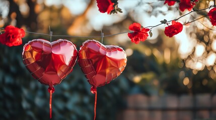 Valentine's Day background with heart-shaped balloons and confetti, cityscape in the blurred background, copy space for text, banner design