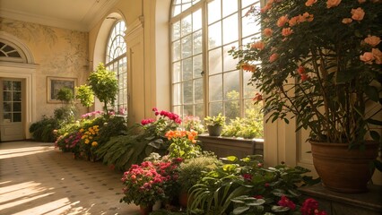  Flowering plants in a sunny interior. Generative AI.