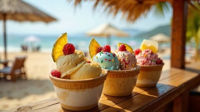 Tazas de helado decoradas con frutas y chispas de colores en la playa