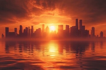 Fototapeta premium Skyline reflecting on water during amazing sunset over metropolis
