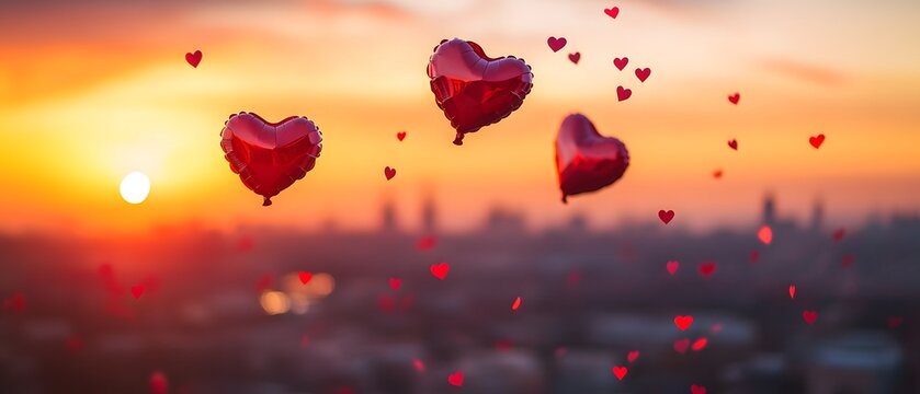 Valentine's Day background with heart-shaped balloons and confetti, cityscape in the blurred background, copy space for text, banner design - Powered by Adobe