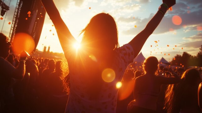 A silhouetted person with raised arms enjoys a music festival, bathed in warm sunset light surrounded by a crowd and festive atmosphere. - Powered by Adobe