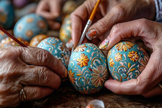Elderly people painting easter eggs with floral decorations