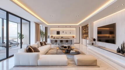 Fototapeta premium Suspended ceiling with modern LED lights being installed in a minimalist living room, emphasizing the integration of modern design.