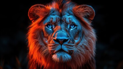 Fototapeta premium Majestic lion portrait, night, illuminated, wildlife, power