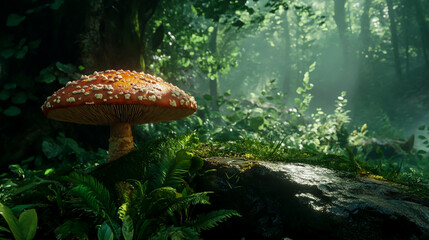 Fototapeta premium mushroom in green forest closeup cinematic view.
