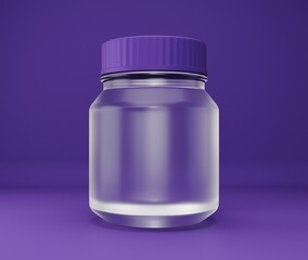 Small transparent glass jar with a purple cap on a purple background 3d render mockup