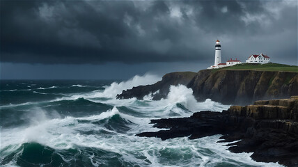 Obraz premium Dramatic coastal landscape with lighthouse, crashing waves, and stormy sky during late afternoon hours