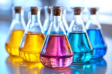 Laboratory flasks containing colorful chemical liquids for scientific experimentation