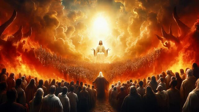 Souls judged in heaven and hell by jesus after the second coming, filled with fear, awe, worship, and praise, reflecting themes of faith and salvation. Ultimate destiny on judgment day