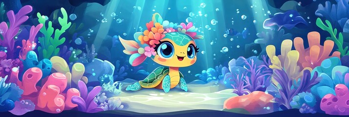 Fototapeta premium Adorable Baby Turtle Underwater Scene Ocean Coral Reef Fantasy Art