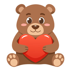 Obraz premium Cute bear holding a heart in his hands vector illustration in cartoon style. Valentine's day card with a charming character.